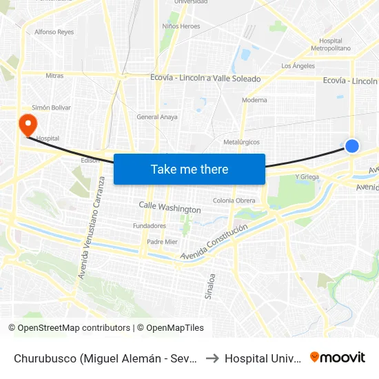 Churubusco (Miguel Alemán - Severiano Martínez) to Hospital Universitario map