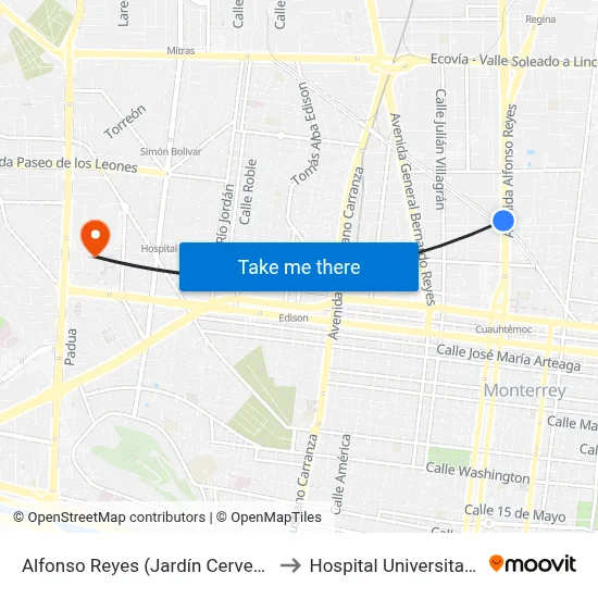 Alfonso Reyes (Jardín Cerveza) to Hospital Universitario map