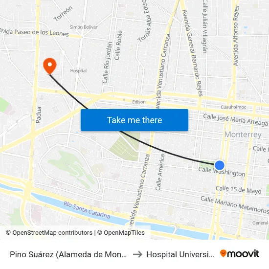 Pino Suárez (Alameda de Monterrey) to Hospital Universitario map