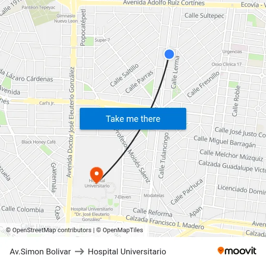 Av.Simon Bolivar to Hospital Universitario map