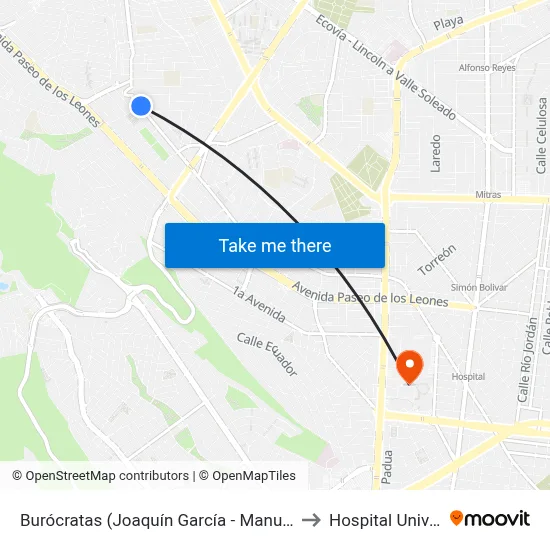 Burócratas (Joaquín García - Manuel Gómez Castro) to Hospital Universitario map