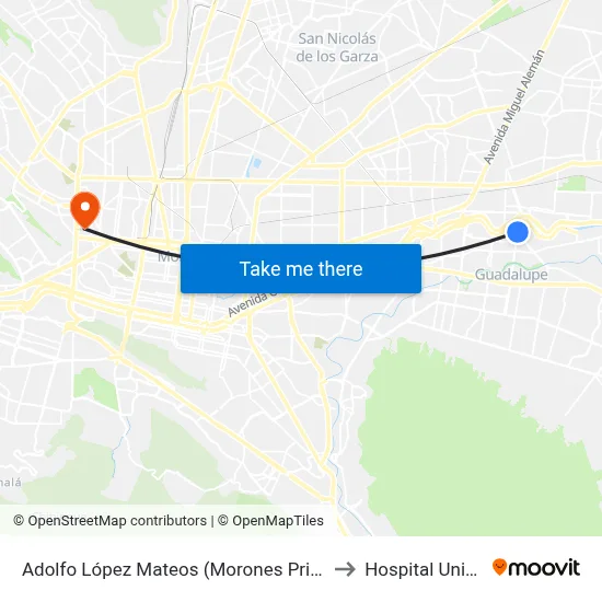 Adolfo López Mateos (Morones Prieto - San Sebastián) to Hospital Universitario map