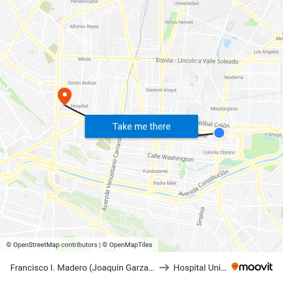 Francisco I. Madero (Joaquín Garza Leal - Félix U. Gómez) to Hospital Universitario map
