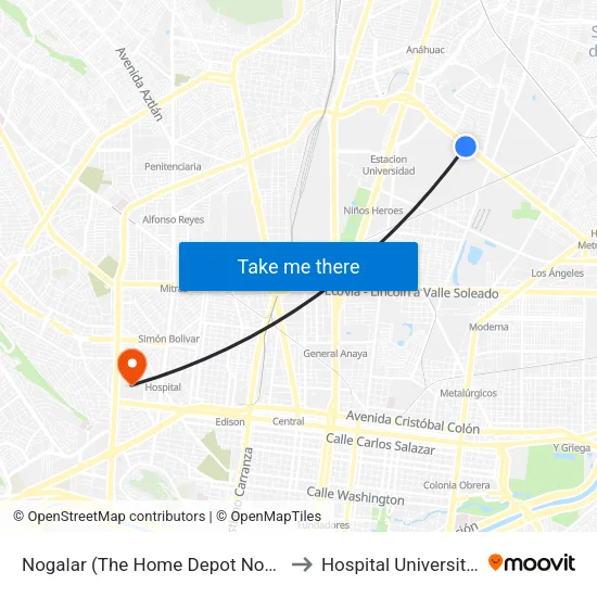 Nogalar (The Home Depot Nogalar) to Hospital Universitario map