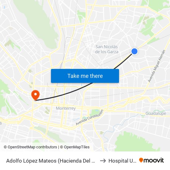 Adolfo López Mateos (Hacienda Del Mezquital - Camino A Santa Rosa) to Hospital Universitario map