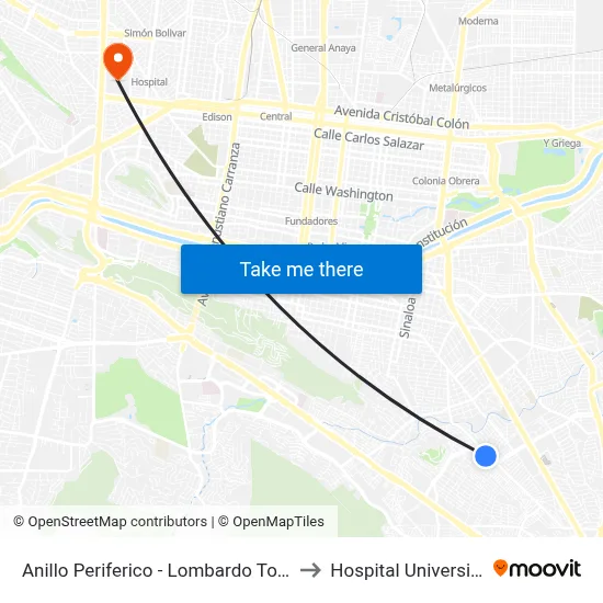 Anillo Periferico - Lombardo Toledano to Hospital Universitario map