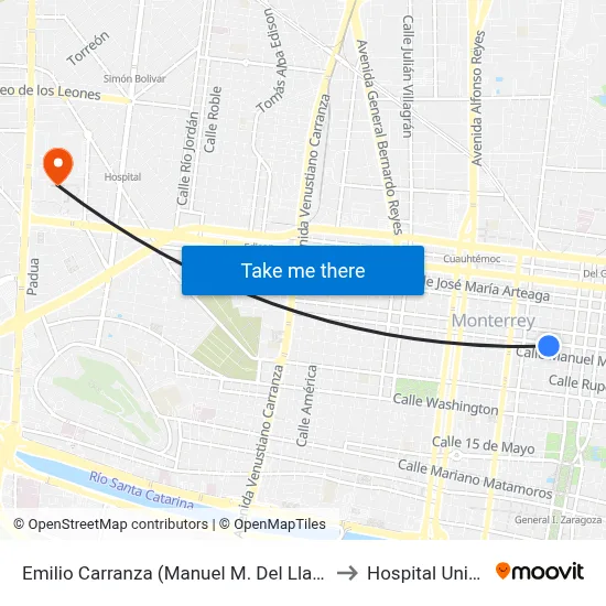 Emilio Carranza (Manuel M. Del Llano - Santiago Tapia) to Hospital Universitario map