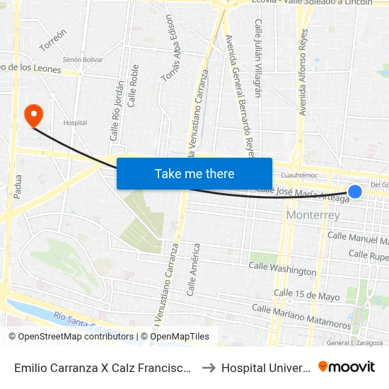 Emilio Carranza X Calz Francisco I. Madero to Hospital Universitario map