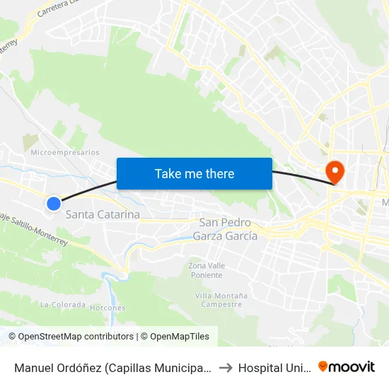 Manuel Ordóñez (Capillas Municipales de Santa Catarina) to Hospital Universitario map
