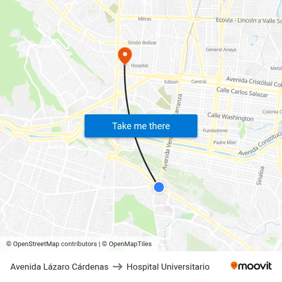 Avenida Lázaro Cárdenas to Hospital Universitario map