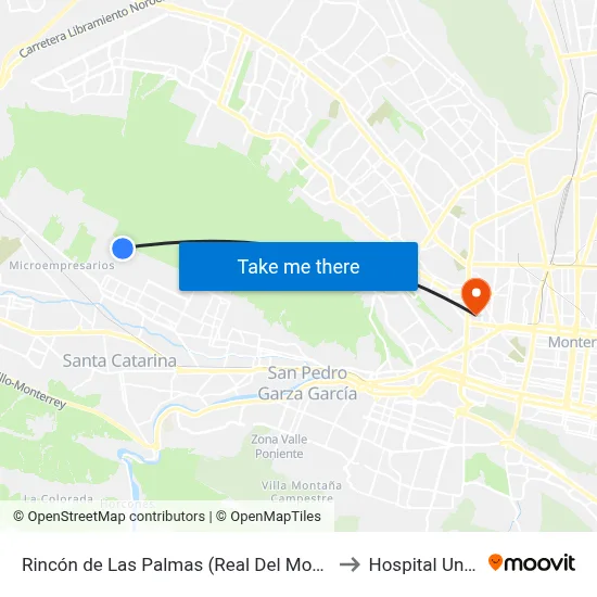 Rincón de Las Palmas (Real Del Monte - Real Del Mezquital) to Hospital Universitario map
