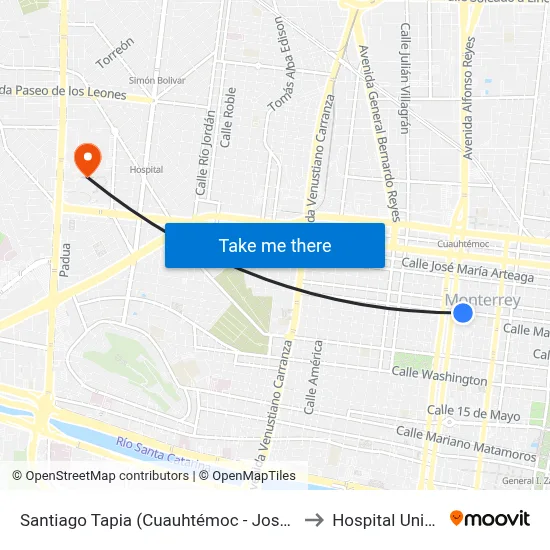 Santiago Tapia (Cuauhtémoc - José Mariano Jiménez) to Hospital Universitario map