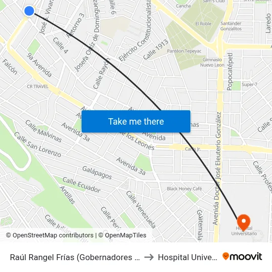 Raúl Rangel Frías (Gobernadores - Burócratas) to Hospital Universitario map