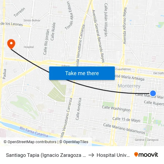 Santiago Tapia (Ignacio Zaragoza - Juan Zuazua) to Hospital Universitario map