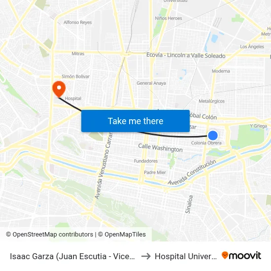 Isaac Garza (Juan Escutia - Vicente Suárez) to Hospital Universitario map