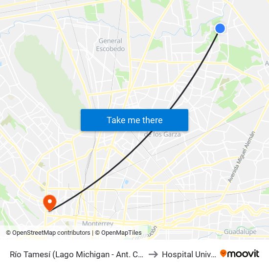 Río Tamesí (Lago Michigan - Ant. Camino A Sta. Rosa) to Hospital Universitario map