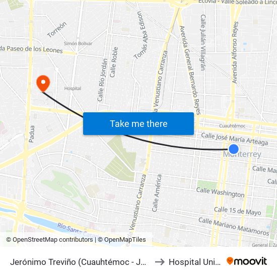 Jerónimo Treviño (Cuauhtémoc - José Mariano Jiménez) to Hospital Universitario map