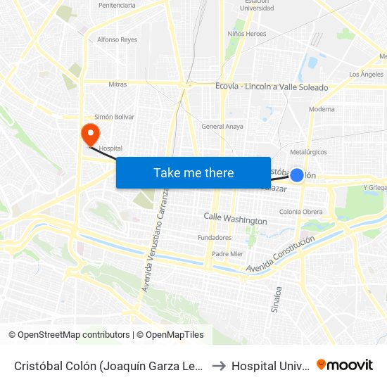 Cristóbal Colón (Joaquín Garza Leal - Héroes Del 47) to Hospital Universitario map