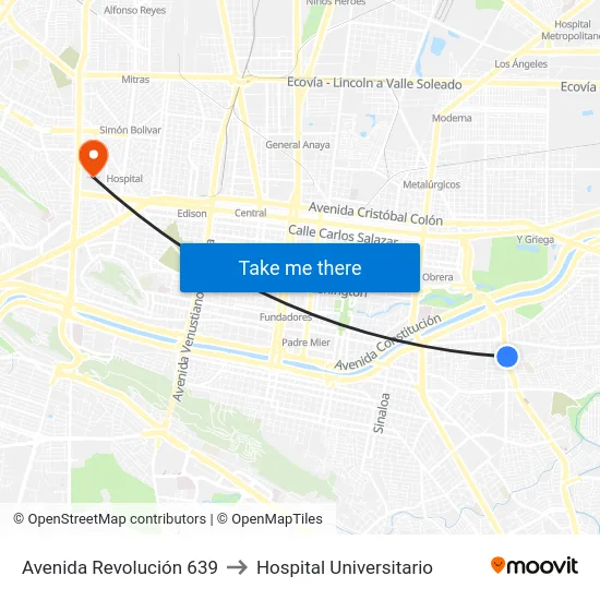 Avenida Revolución 639 to Hospital Universitario map