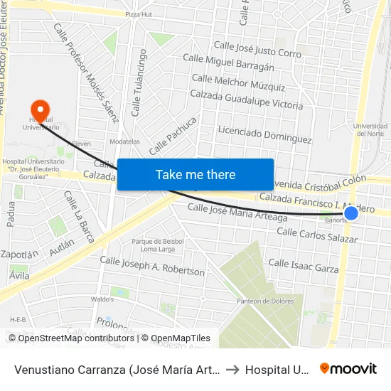 Venustiano Carranza (José María Arteaga - Francisco I. Madero) to Hospital Universitario map