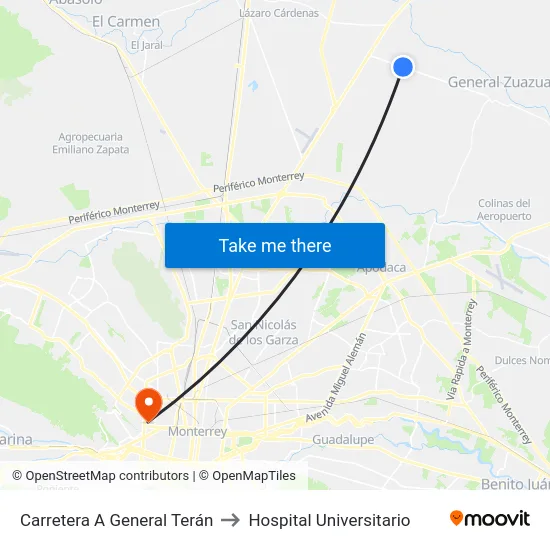 Carretera A General Terán to Hospital Universitario map