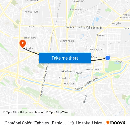 Cristóbal Colón (Fabriles - Pablo A. de La Garza) to Hospital Universitario map
