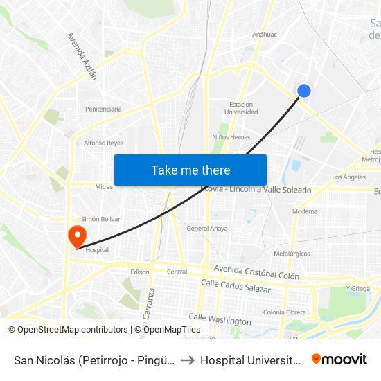 San Nicolás (Petirrojo - Pingüino) to Hospital Universitario map