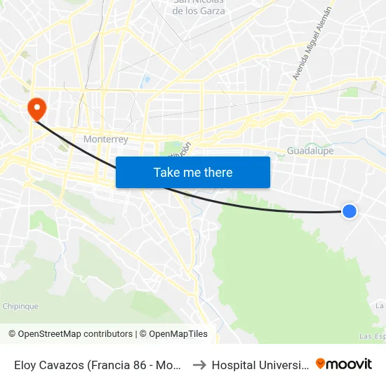 Eloy Cavazos (Francia 86 - Monterrey) to Hospital Universitario map