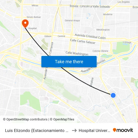 Luis Elizondo (Estacionamiento de Aulas 4) to Hospital Universitario map