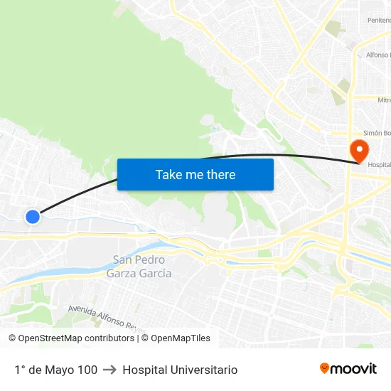 1° de Mayo 100 to Hospital Universitario map