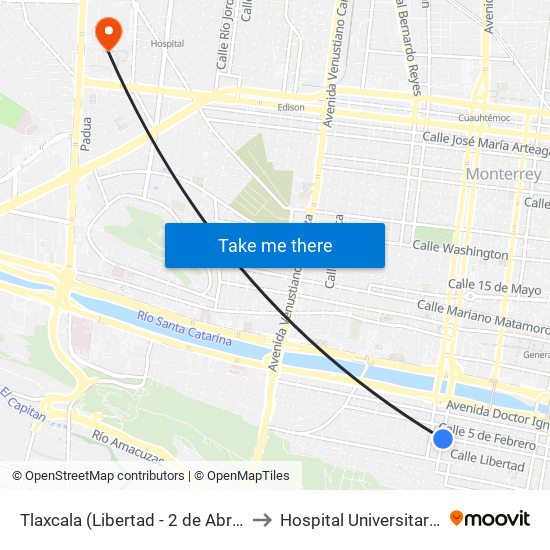 Tlaxcala (Libertad - 2 de Abril) to Hospital Universitario map