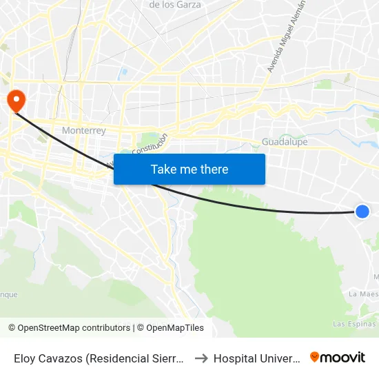 Eloy Cavazos (Residencial Sierra Morena) to Hospital Universitario map