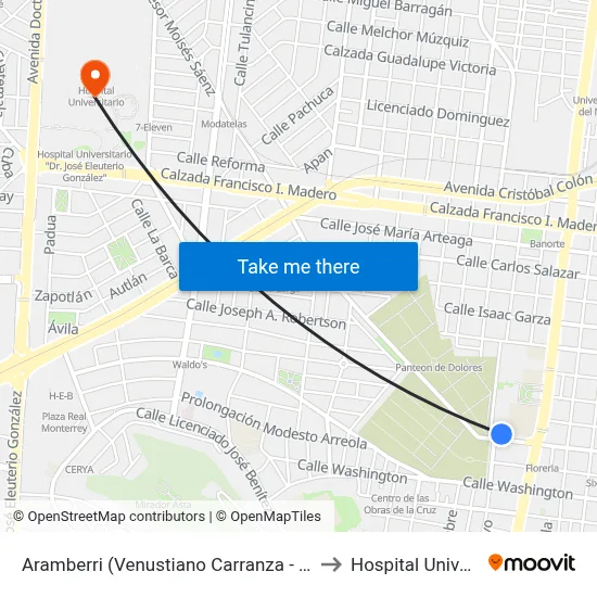 Aramberri (Venustiano Carranza - Nicolás Bravo) to Hospital Universitario map