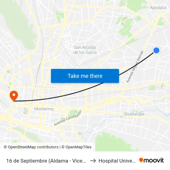 16 de Septiembre (Aldama - Vicente Guerrero) to Hospital Universitario map