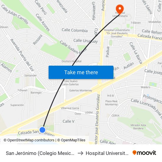 San Jerónimo (Colegio Mexicano) to Hospital Universitario map