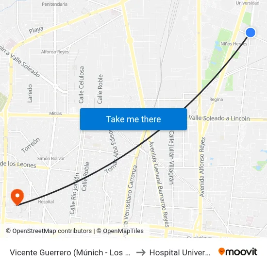 Vicente Guerrero (Múnich - Los Ángeles) to Hospital Universitario map