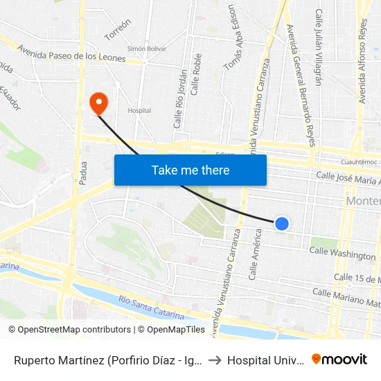 Ruperto Martínez (Porfirio Díaz - Ignacio L. Vallarta) to Hospital Universitario map