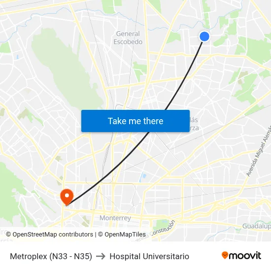 Metroplex (N33 - N35) to Hospital Universitario map