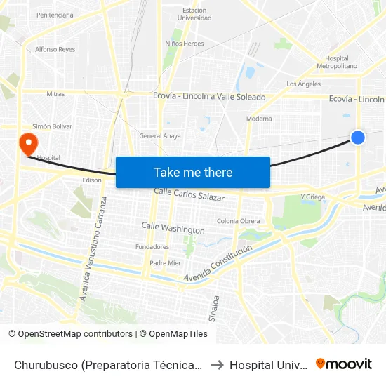 Churubusco (Preparatoria Técnica Álvaro Obregón) to Hospital Universitario map