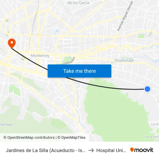 Jardines de La Silla (Acueducto - Israel Cavazos Garza) to Hospital Universitario map