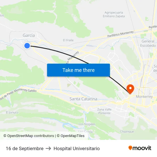 16 de Septiembre to Hospital Universitario map