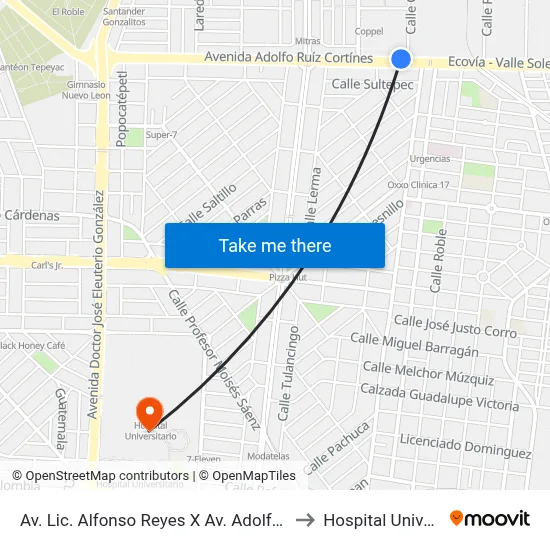 Av. Lic. Alfonso Reyes X Av. Adolfo Ruiz Cortínes to Hospital Universitario map