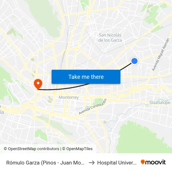 Rómulo Garza (Pinos - Juan Montemayor) to Hospital Universitario map