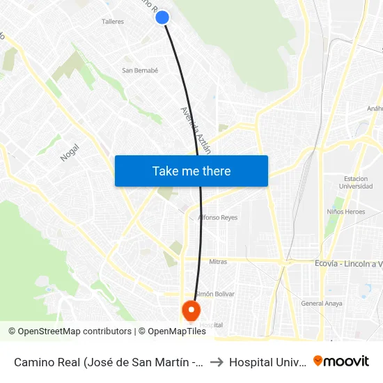Camino Real (José de San Martín - Bartolomé Mitre) to Hospital Universitario map