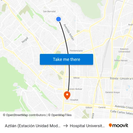 Aztlán (Estación Unidad Modelo) to Hospital Universitario map