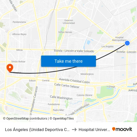 Los Ángeles (Unidad Deportiva Churubusco) to Hospital Universitario map