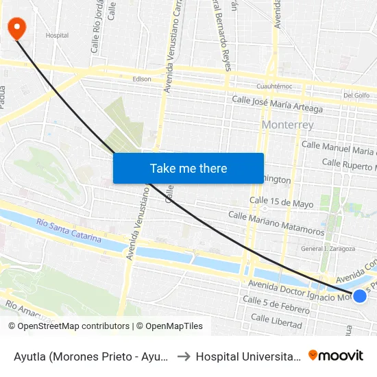 Ayutla (Morones Prieto - Ayutla) to Hospital Universitario map