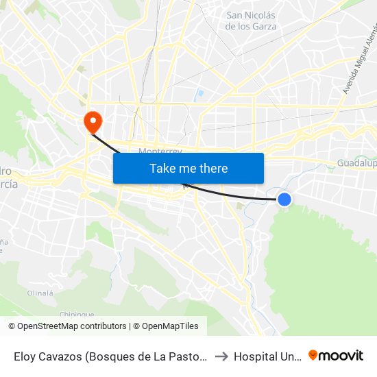 Eloy Cavazos (Bosques de La Pastora - Bosques de La Loma) to Hospital Universitario map