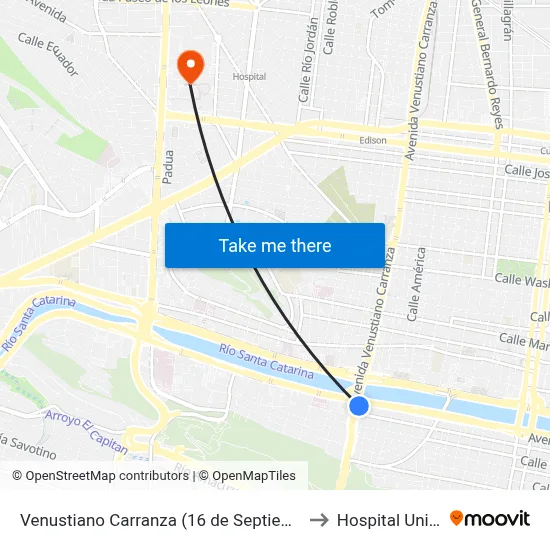 Venustiano Carranza (16 de Septiembre - Morones Prieto) to Hospital Universitario map