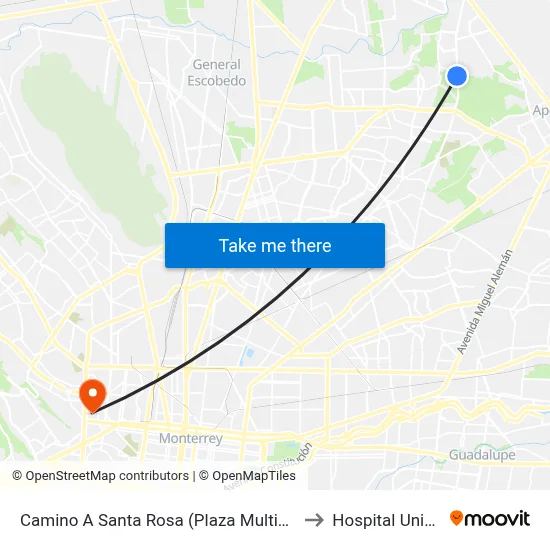 Camino A Santa Rosa (Plaza Multicomercial Apodaca) to Hospital Universitario map